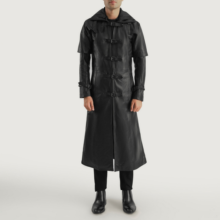 Mens Huntsman Black Hooded Leather Trench Coat Full Length-2-1700481458814